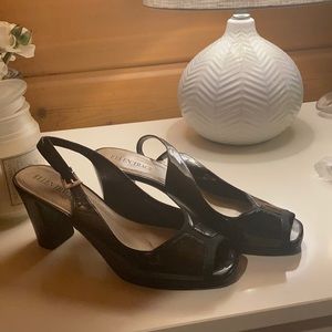 Sling back peep toe block heels